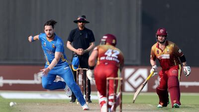 Mitchell McClenaghan bowls for the Nangarhar Leopards.