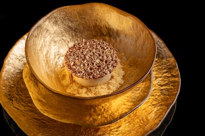 Cacao ghevar with roasted barley ice cream. Photo: Tresind Studio