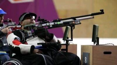 Abdullah Sultan Al Aryani hits his target, a gold medal in the mixed R6-50m air rifle prone SH1 final round on Tuesday in the London Paralympics.