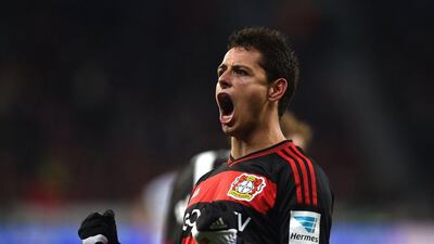 Bayer Leverkusen's Javier Hernandez celebrates a goal against Borussia Monchengladbach in the Bundesliga on Saturday. Patrik Stollarz / AFP / December 12, 2015