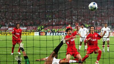 Xabi Alonso slams in Liverpool's equaliser to make it 3-3 in the 2005 final with AC Milan in Istanbul. Getty