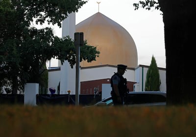 A police officer stands guard in front of Al Noor Mosque in Christchurch, New Zealand. Courtesy AP