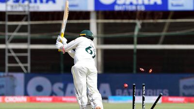Australia batter Nathan Lyon is bowled out by Pakistan's Faheem Ashraf for 38. AFP