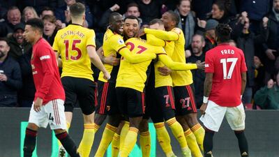 epa08086906 Watford players celebrate after Ismaila Sarr scores during the English Premier League soccer match between Watford and Manchester United at Vicarage Road Stadium, London Britain, 22 December 2019. EPA/WILL OLIVER EDITORIAL USE ONLY. No use with unauthorized audio, video, data, fixture lists, club/league logos or 'live' services. Online in-match use limited to 120 images, no video emulation. No use in betting, games or single club/league/player publications