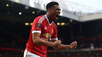 Anthony Martial of Manchester United celebrates after scoring on Sunday against West Ham United in his team's FA Cup tie. Michael Regan / Getty Images / March 13, 2016
