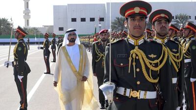 Sheikh Mohammed bin Rashid, Vice President and Ruler of Dubai, attends a military graduation ceremony in Al Ain on Monday. Wam