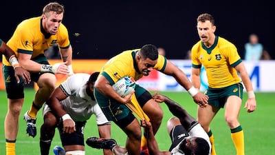 Australia's prop Scott Sio carries the ball during the Japan 2019 Rugby World Cup Pool D match between Australia and Fiji at the Sapporo Dome in Sapporo. AFP