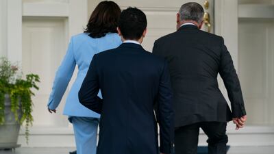 Vice President Kamala Harris and Jordan's King Abdullah, followed by Crown Prince of Jordan Hussein bin Abdullah, walk to the Naval Observatory in Washington. AP