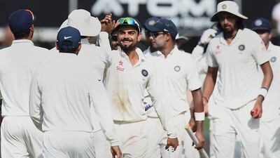 Indian captain Virat Kohli celebrates victory in the third, deciding Test on Tuesday against Sri Lanka in Colombo. Ishara S Kodikara / AFP / September 1, 2015