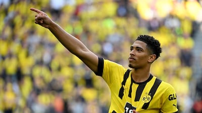 Jude Bellingham scoring for Borussia Dortmund. He is leaving for Real Madrid. AFP