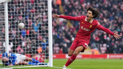 Liverpool's Jayden Danns after scoring his side's third goal at Anfield on Saturday. AP
