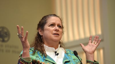 Abigail Disney gives a presentation at the US Institute of Peace in 2018. Photo: USIP