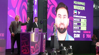 UAE T20 veteran Muhammad Waseem goes up for sale during the ILT20 player auction at the ICC Academy in Dubai. Chris Whiteoak / The National