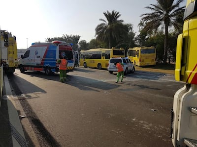 Forty-seven people were injured in an accident involving three buses on Khaleej Al Arabi Street in Abu Dhabi in September 2016. Courtesy Abu Dhabi Police