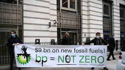 Protesters demonstrate against BP outside its headquarters during the company's annual shareholders meeting in London. The company aims to reduce greenhouse gas emissions from the oil and gas it produces to zero and cut the carbon intensity of its products in half by 2030. EPA