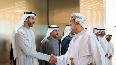 Sheikh Shakhbout bin Nahyan, UAE Minister of State, greets Sultan Haitham. Abdulla Al Neyadi / UAE Presidential Court