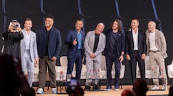 Left to right: Alessandro Del Piero, Ronaldo, Cafu, Didier Deschamps, Carles Puyol, Fabio Cannavaro and Andres Iniesta at the World Sports Summit. Antonie Robertson / The National