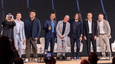 Left to right: Alessandro Del Piero, Ronaldo, Cafu, Didier Deschamps, Carles Puyol, Fabio Cannavaro and Andres Iniesta at the World Sports Summit. Antonie Robertson / The National