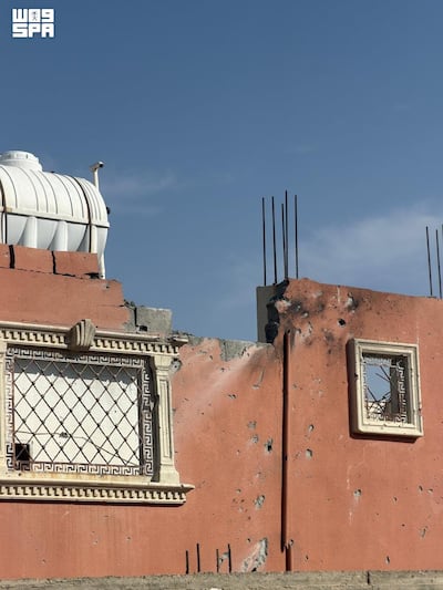 A building damaged by debris from a drone interception over Saudi Arabia's Taif governorate on Thursday. Photo: SPA