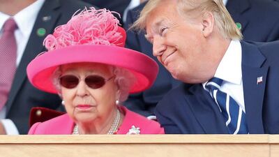 Britain's Queen Elizabeth II (L) and US President Donald Trump react during an event to commemorate the 75th anniversary of the D-Day landings, in Portsmouth, southern England. AFP