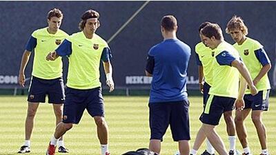 Zlatan Ibrahimovic, second left, who signed for Barcelona from Italian champions Inter Milan in a swap deal with Samuel Eto'o, trains with his new teamates ahead of tonight's Super Cup against Bilbao.