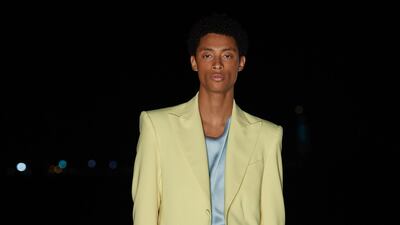 A lemon suit and sky-blue satin vest by Prabul Gurung for spring / summer 2022. Photo: Prabul Gurung