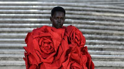 Short and sweet, a Valentino haute couture autumn 2022 dress made of giant roses. Photo: Valentino