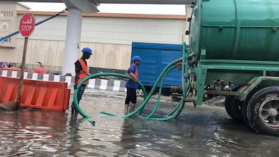 Flooding at Discovery Gardens in Dubai. Leslie Pableo / The National