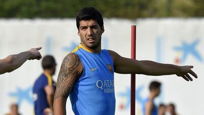 Barcelona's Luis Suarez shown at a training session in Spain last Wednesday before their trip to the US. Lluis Gene / AFP / July 15, 2015