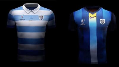 2: Argentina – Los Pumas will be turning out in their sky blue and white hooped home shirt. It's a joy, as usual. The real news here is the away kit. Those are vertical stripes. On a rugby kit. Accentuated by a dash of yellow. It's so wrong, yet so right. The South Americans have a real football-feel with these kits. Image via Twitter