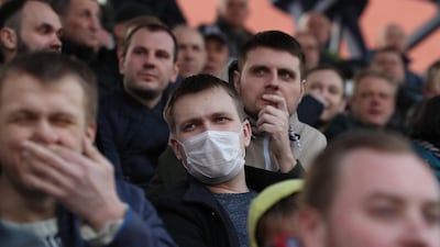Fans watching the Belarusian Premier League match. EPA