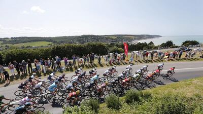 The Tour de France pack rides along the English Channel on France's west coast during the sixth stage over 191.5 kilometers (119 miles) with start in Abbeville and finish in Le Havre, France, Thursday, July 9, 2015. (AP Photo/Christophe Ena)