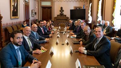 Cop28 President-designate Dr Sultan Al Jaber, centre-left, opposite US climate envoy John Kerry and their delegations at the White House. Yousef Al Otaiba, the UAE's ambassador to the US, third left, also attended the meeting. Photo: UAE Embassy in the US