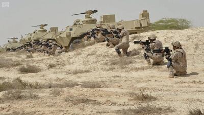 Exercise Gulf Shield 1 has begun with naval ships, aircraft, marines and “special units”, according to the Saudi Press Agency. Saudi Press Agency / Handout via Reuters