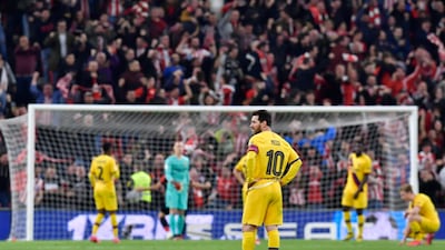 Barcelona players at the end of their 1-0 Copa del Rey quarter final defeat against Athletic Bilbao. AP