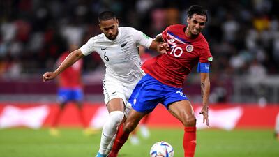 Costa Rica's Bryan Ruiz and Bill Tuiloma of New Zealand battle for the ball. Getty