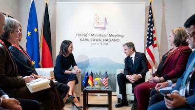 German Foreign Minister Annalena Baerbock (centre left) and US Secretary of State Antony Blinken (centre right) at the G7 foreign ministers' meeting in Karuizawa, Japan. AFP