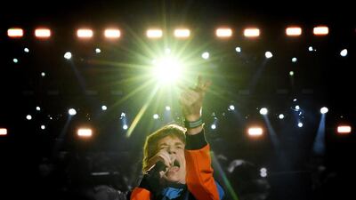 Rolling Stones lead singer Mick Jagger perform during the band’s performance on the opening night of the Desert Trip music festival at Indio, near palm Springs, California, on October 7. Mark Ralston / AFP