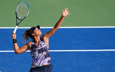 Mayar Sherif serves to Elina Svitolina during their first round match at the Dubai Duty Free Tennis Championship. AP
