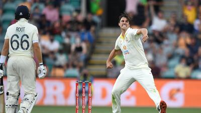 Australia captain Pat Cummins celebrates taking the wicket of his England counterpart Joe Root during Day 2 of the fifth Ashes Test at the Blundstone Arena, Hobart, on Saturday, January 15, 2022. PA