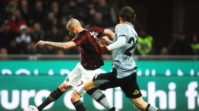 AC Milan's Jeremy Menez scores during the Coppa Italia semi-final second leg on Tuesday night. Daniele Mascolo / EPA / March 1, 2016