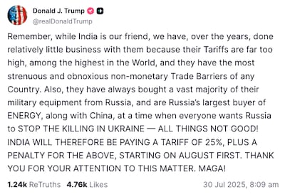 President Donald Trump posted this message on Truth Social on Wednesday