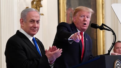 US President Donald Trump speaks during an event with Israeli Prime Minister Benjamin Netanyahu in the White House. AP