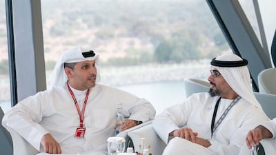 Khaldoon Khalifa Al Mubarak, CEO and Managing Director Mubadala, Chairman of the Abu Dhabi Executive Affairs Authority and Abu Dhabi Executive Council Member (L), and Major General Sheikh Khaled bin Mohamed bin Zayed, Deputy National Security Adviser (R), speak at Shams Tower during the Formula 1 2018 Etihad Airways Abu Dhabi Grand Prix at Yas Marina Circuit. Ryan Carter / Ministry of Presidential Affairs