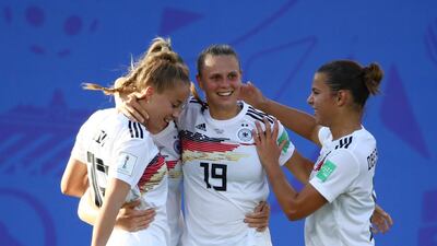 Germany's Lea Schueller celebrates scoring their third goal against Nigeria. Reuters