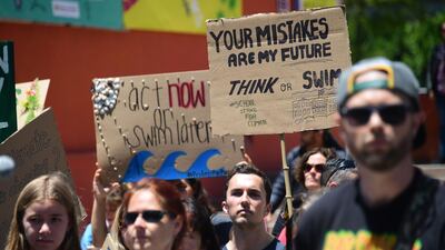 Climate change activists hold signs while taking part in the international Strike for Climate protest in Los Angeles. AFP