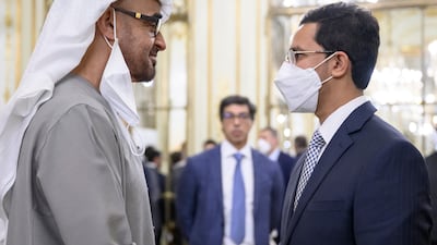 HH Sheikh Mohamed bin Zayed Al Nahyan, President of the United Arab Emirates (L) greets Dr Abdulla Alfzari. All photos: Presidential Court