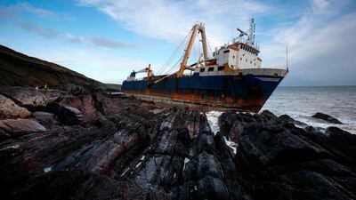 The abandoned 77-metre (250-feet) cargo ship MV Alta is pictured stuck on rocks near the village of Ballycotton south-east of Cork in Southern Ireland. AFP