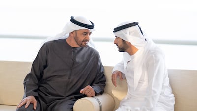President Sheikh Mohamed speaks with Sheikh Hamdan bin Mohammed. Photo: Abdulla Al Bedwawi / UAE Presidential Court