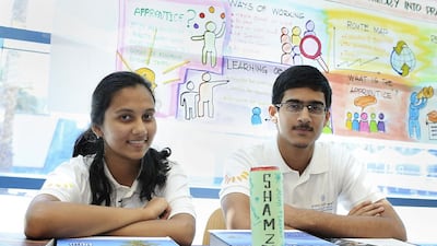 Students Ameesha Gupta, 16, and Anirudh Kulkarni, 17, with their Shamzee soda invention at Zayed University in Dubai on March 24, 2014. Sarah Dea/The National